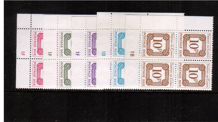 The POSTAGE DUE set of five in superb unmounted mint CYLINDER SW corner blocks of four