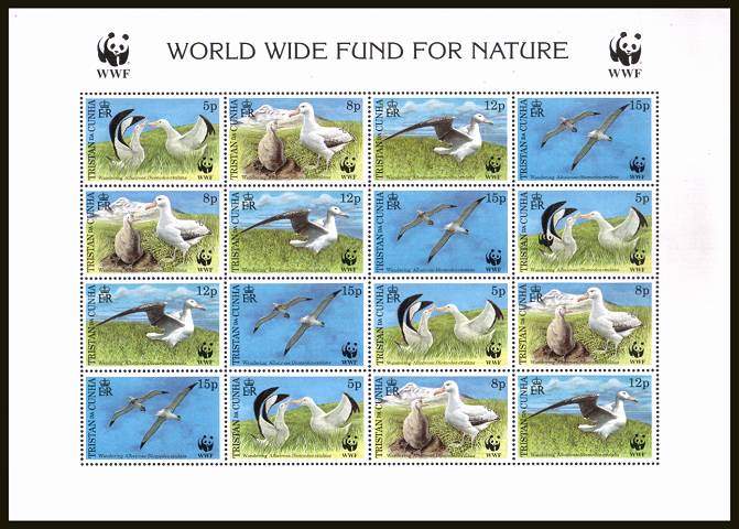 WWF - Endangered Species - Albatross sheetlet of sixteen.<br/>
A superb unmounted mint sheet<br>showing the SG listed variety ''PANDA EMBLEM PRINTED TWICE''<br/>on R2/4. This variety also has the bonus of being inverted watermark.