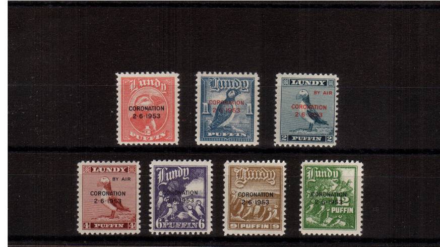 The Coronation overprint set of seven superb unmounted mint.<br/>The famous ''cinderella'' set produced by this island off the north Devon coast. Unlisted by SG.