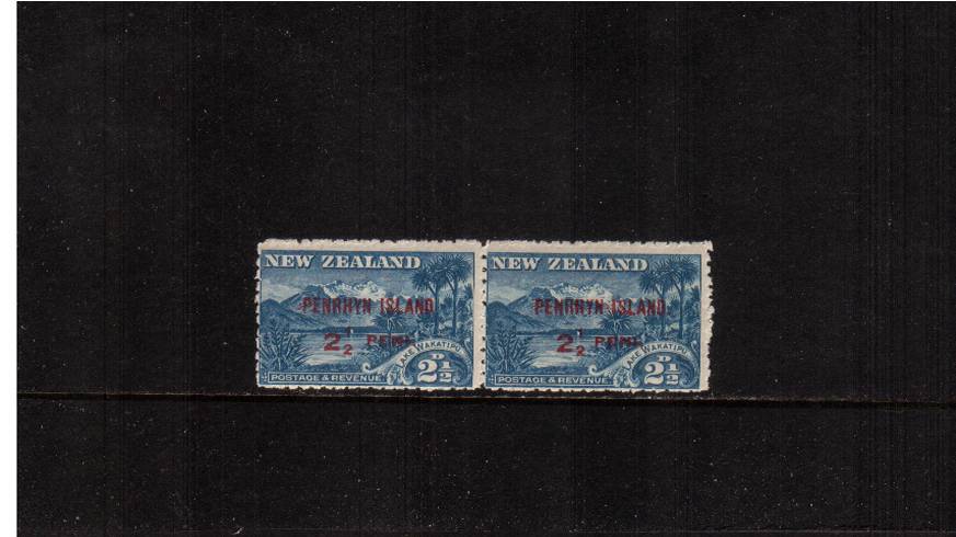 2d Blue overprint in Red on the 2d WAKATIPU New Zealand stamp<br/>showing the overprint variety '' and P'' spaced in a superb unmounted mint horizontal pair. <br/>Rare and superb!

<br/><b>QSQ</b>
