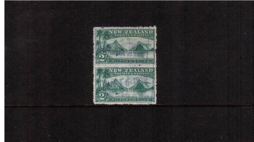 2/- Blue-Green   - ''Pictorials'' - Watermark ''Single'' NZ - Perforation 14<br/>
A lovely fiscally used vertical pair. SG Cat 84 

<br/><b>QSQ</b>