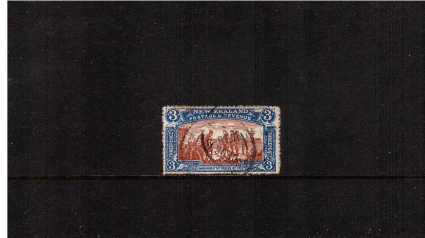 New Zealand Exhibition<br/>
3d Brown and Blue fine used single cancelled with two strikes of a CDS. SG Cat 85

<br/><b>QSQ</b>