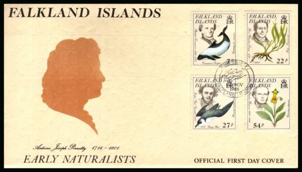Early Naturalists set of four<br/>on a PORT STANLEY handstamp  unaddressed official full colour First Day Cover