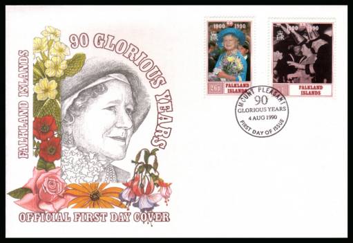 90th Birthday of Queen Mother set of two<br/>on a MOUNT PLEASANT  cancelled unaddressed official full colour First Day Cover
