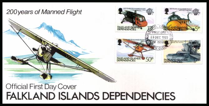 Bicentenary of Manned Flight
set of four<br/>on a SOUTH GEORGIA  cancelled unaddressed official full colour First Day Cover
