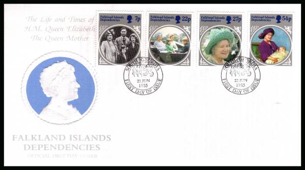 Life and Times of Queen Mother 
set of four<br/>on a SOUTH GEORGIA  cancelled unaddressed official full colour First Day Cover
