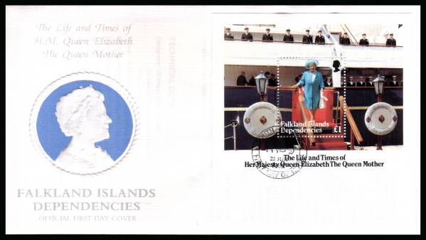 Life and Times of Queen Mother minisheet<br/>on a SOUTH GEORGIA  cancelled unaddressed official full colour First Day Cover
