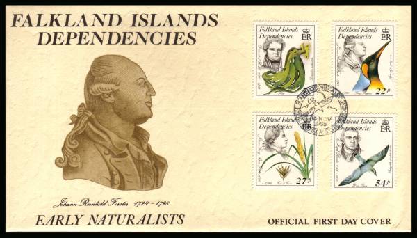 Early Naturalists
set of four<br/>on a SOUTH GEORGIA  cancelled unaddressed official full colour First Day Cover
