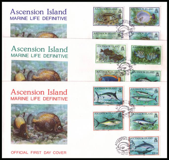 Fish set of fifteen on three Official colour First Day Covers dated 10 DEC 1991
