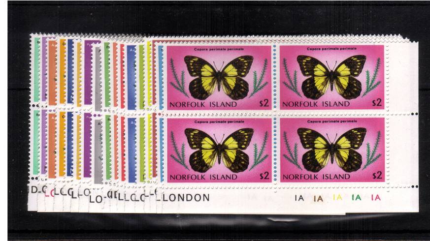 The Butterflies complete set of seventeen in superb unmounted mint SE corner blocks of four.<br/><b>UEU</b>