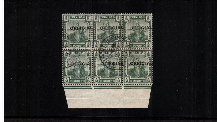 The d Green ''Britannia'' overprinted ''OFFICIAL'' in a superb fine used lower marginal block of six. Pretty! SG Cat for singles 102