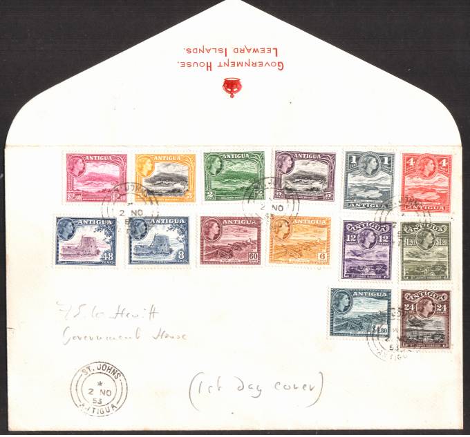 The 1953 complete set of fourteen on an embossed in Red ''GOVERNMENT HOUSE - LEEWARD ISLANDS'' envelope cancelled with a St Johns - Antigua double ring CDS dated 2 NO 53. Note the c Brown was issued later in 1956.