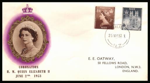 The 1953 Coronation set of two<br/>on colour illustrated First Day Cover.<br/>Note cover is printed on cream paper which due<br/>to scanning limitations can appear to be  toned!