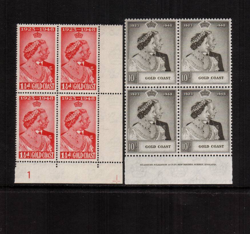 the 1948 Royal Silver Wedding set of two in superb unmounted mint blocks of four. The low value being a SE corner cylinder block and the 1 value showing a full BRADBURY imprint on the margin. 
<br/><b>SEARCH CODE: 1948RSW</b><br/><b>QBX</b>