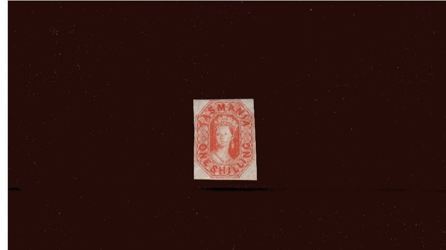 1/- Vermilion<br/>
A superb bright and fresh single with four clear margins<br/>
A stunning stamp with no gum (possibly as issued) clearly showing the<br/>double lined ''12'' numeral. A Gem!!   SG Cat 800
<br/><b>QDX</b>