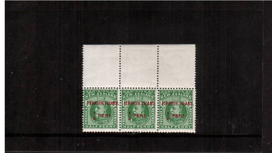 The d Yellow Green overprint in a superb unmounted mint top marginal strip of three showing on the middle stamp ''NO STOP AFTER ISLAND'' SG listed variety.<br/>A lovely bright and fresh strip!
<br/><b>QKX</b>