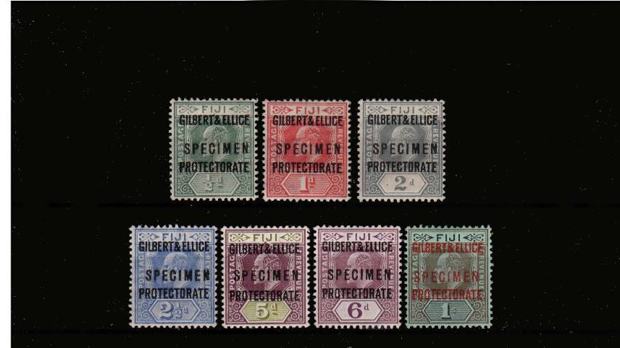 The ''GILBERT & ELLICE'' overprint set  on Fiji stamps also overprinted ''SPECIMEN''<br/>
A very fine lightly mounted mint set of seven. <br/>
SG Cat 300
<br/><b>QMX</b>