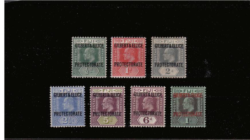 The ''GILBERT & ELLICE'' overprint set on Fiji stamps<br/>very lightly mounted mint set of seven.<br/>SG Cat 180


<br/><b>QMX</b>
