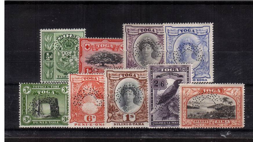 The ''MULTIPLE SCRIPT'' set of nine very, very lightly mounted mint perfined ''SPECIMEN''. Scare set! SG Cat 250

<br/><b>QNX</b>