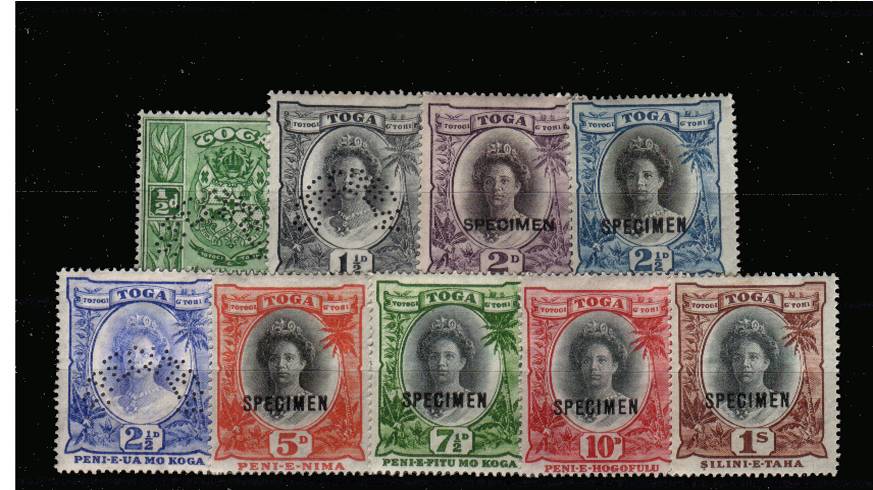 The Queen Salote set of nine lightly mounted mint<br/>overprinted on six and perfined on three ''SPECIMEN''. SG Cat 275

<br/><b>QNX</b>