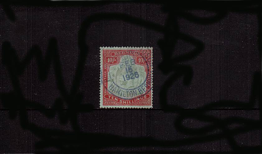 10/- Green and Carmine<br/>
A used example cancelled with a HAMILTON - BERMUDA double ring<br/>FISCAL CANCEL. A good space filler! SG Cat 350<br/><b>QPX</b>