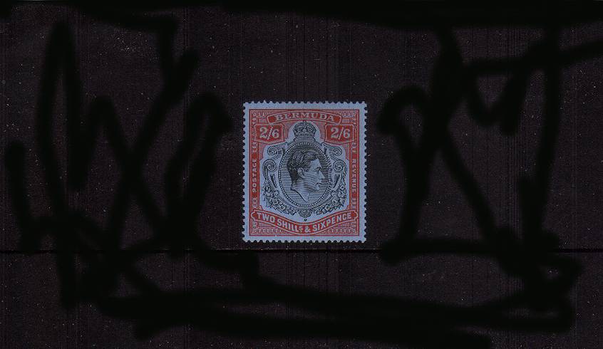 2/6d Black and Red on Grey Blue<br/>
A fine lightly mounted mint single. SG 70<br/><b>QPX</b>