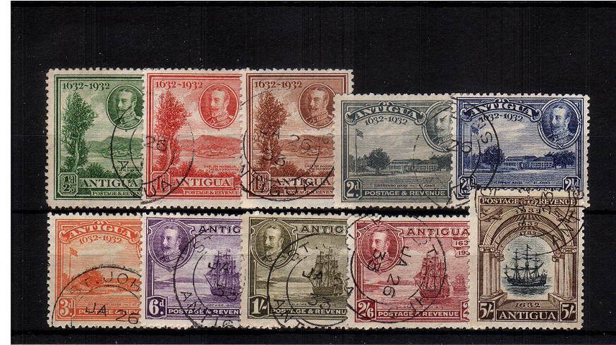 Tercentary set of ten<br/>
A very fine used set of ten soaked of a cover with each stamp cancelled  ''ST JOHNS - ANTIGUA JA 26 33''. Pretty!<br/>
SG Cat 325<br/><b>QPX</b>
