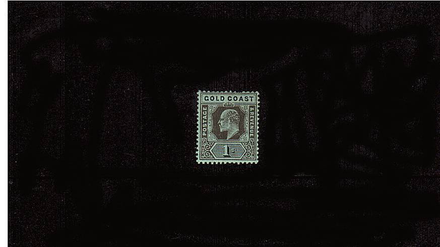1/- Black on Green - Watermark Multiple Crown CA<br/>
A fine lightly mounted mint single with short perf at top. SG Cat 29
