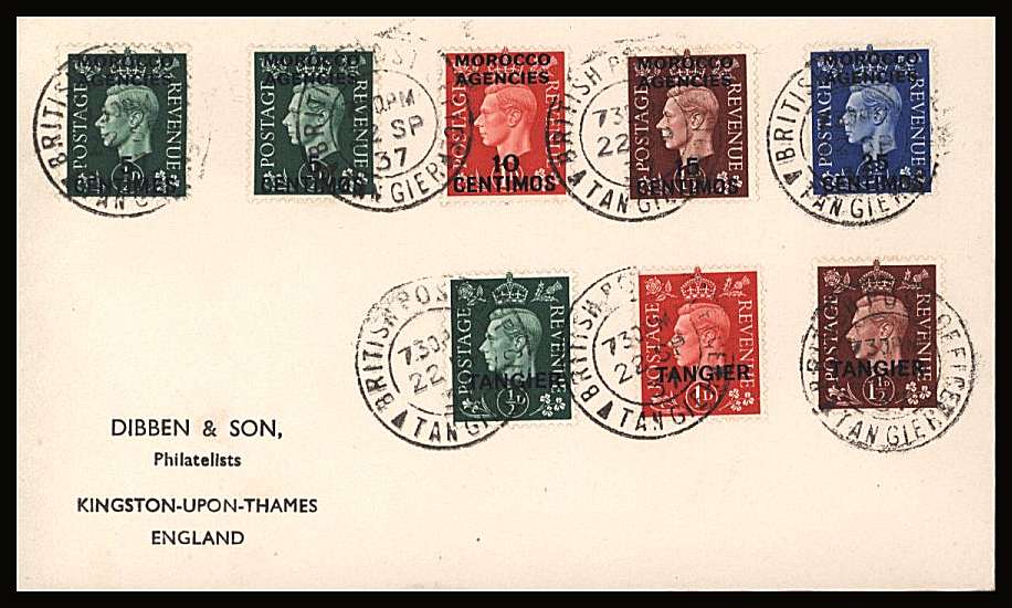 The ½d Green to 1½d Red-Brown complete set of three plus MOROCCO AGENCIES low values on a crisp DIBBEN cover cancelled with BRITISH POST OFFICE - TANGIER double ring CDS dated 22 SP 37.

