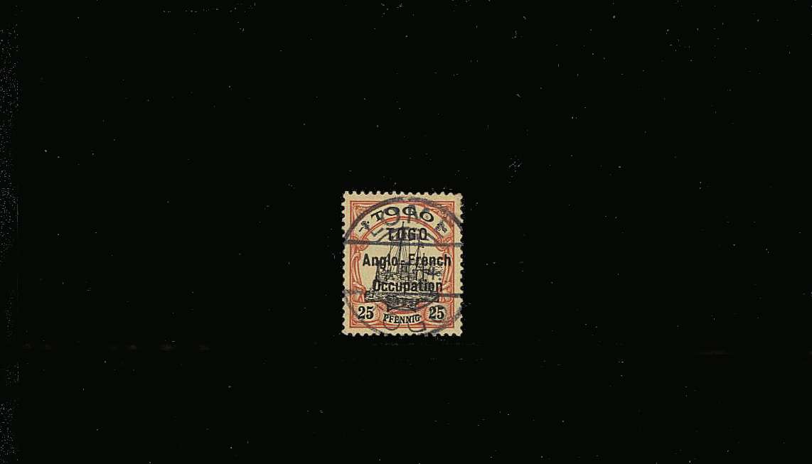 25pf Black and Red on Yellow<br/>
A superb fine used stamp cancelled with a ''socked on the nose'' CDS. SG Cat £55
<br><b>QQM</b>