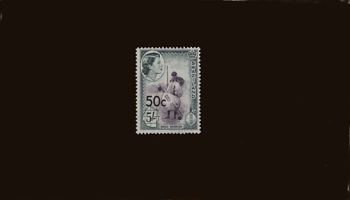50c on 5/- Deep Lilac and
 Slate-Black<br/>
Type III<br/
A very fine lightly mounted mint single.<br/>SG Cat 1500  
<br/><b>QQS</b>
