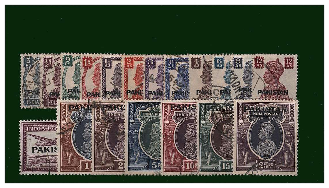 The first set of PAKISTAN overprinted on the stamps of INDIA.<br/>A fine used set of nineteen.<br/>SG Cat 300 
<br/><b>QQF</b>