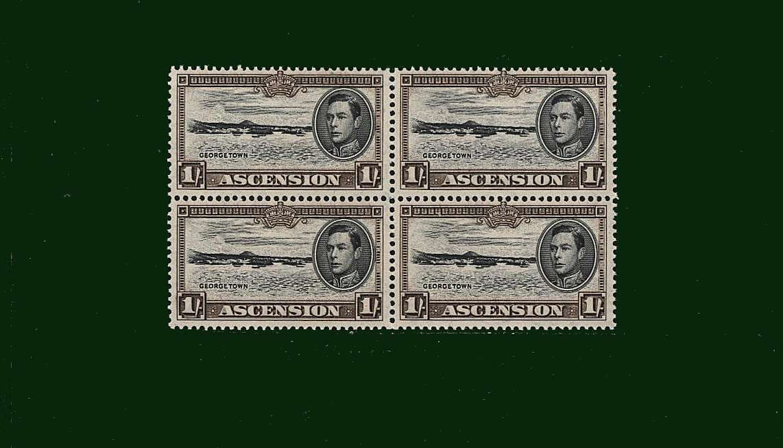 1/- Black and Sepia
<br/> Perforation 13<br/>
In a superb unmounted mint block of four.<br/><b>BBD</b>