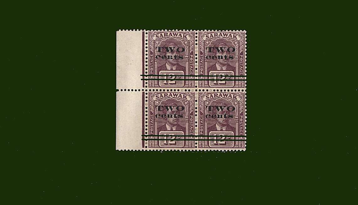 The surcharged 2c on 12c Purple in a superb unmounted mint left side marginal block of four.
<br><b>BBF</b>