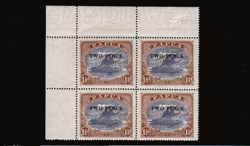 TWO PENCE overprint on 1d Lakatoi in a superb unmounted mint NW corner block of four (hing mark on margin) showing the listed variety ''POSTACE'' at right. Nice positional variety. SG Cat 176 for hinged. <br/><br/>
<b>NYQ08</b>