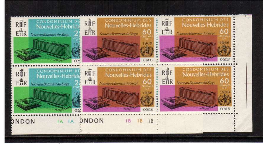 W.H.O. Headquarters set of two in superb unmounted mint cylinder blocks of four