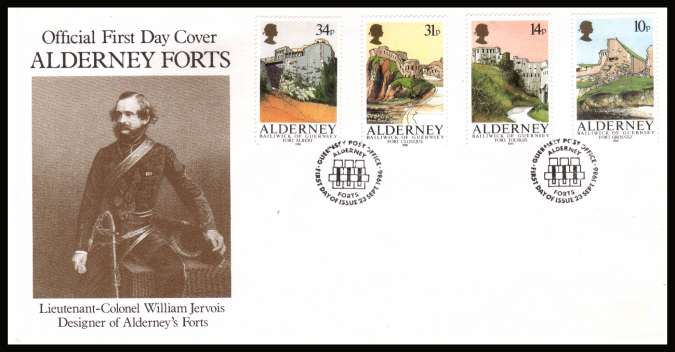 Alderney Forts set of four
on unaddressed illustrated First Day Cover with special cancel.