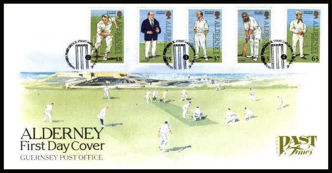 150th Anniversary of Cricket on Alderney set of five on unaddressed illustrated First Day Cover with special cancel.
