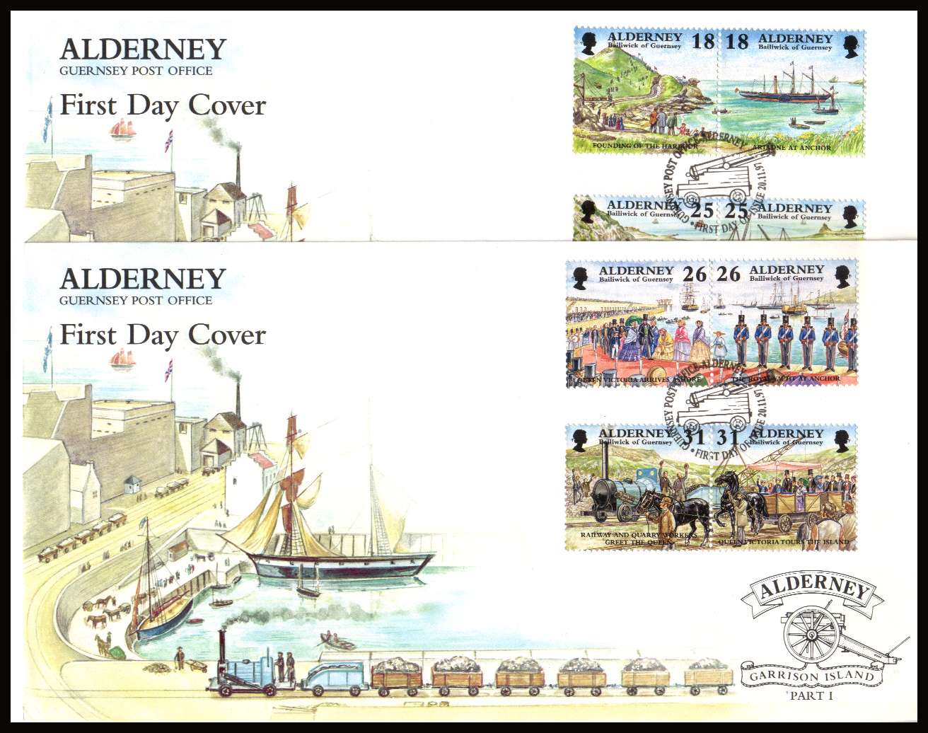 Garrison Island - 1st series - 150th Anniversary  of Harbour set of eight  on two unaddressed illustrated First Day Covers with special cancels.