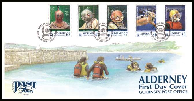 21st Anniversary of Alderney Diving Club
set of five on unaddressed illustrated First Day Cover with special cancel.