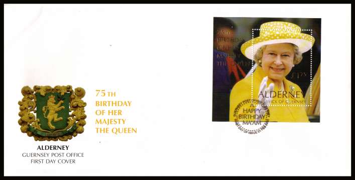 Queen's 75th Birthday minisheet  on unaddressed illustrated First Day Cover with special cancel.