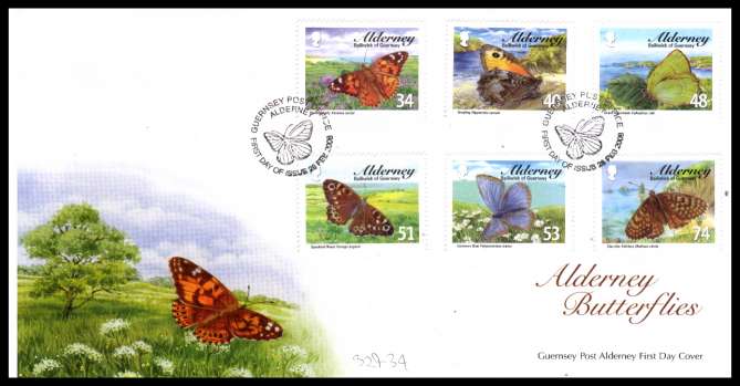 Butterflies set of six on unaddressed illustrated First Day Cover with special cancel.