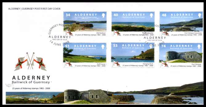 25th Anniversary of Alderney Stamps set of six  on unaddressed illustrated First Day Cover with special cancel.