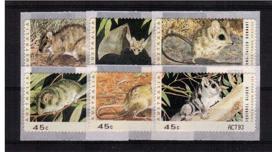 COUNTER PRINTED STAMPS<br/>
Endangered Species<br/>Complete set of six self adhesive bearing ACT93 imprint on SE corner for CANBERRA<br/>Issue Date: 23 OCTOBER 1993