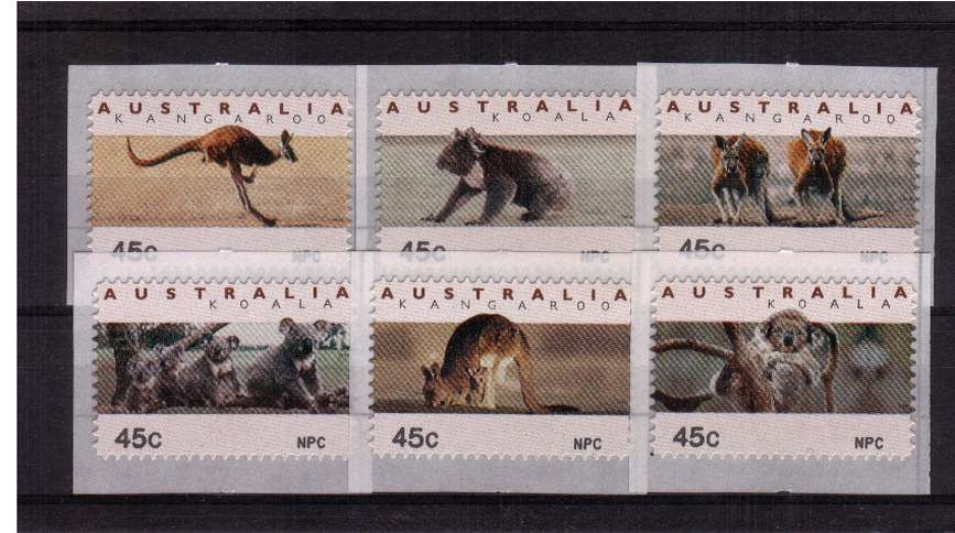 COUNTER PRINTED STAMPS<br/>
Koalas & Kangaroos <br/>Complete set of six self adhesive bearing NPC imprint on SE corner for National Philatelic Center<br/>Issue Date: 17 NOVEMBER 1994