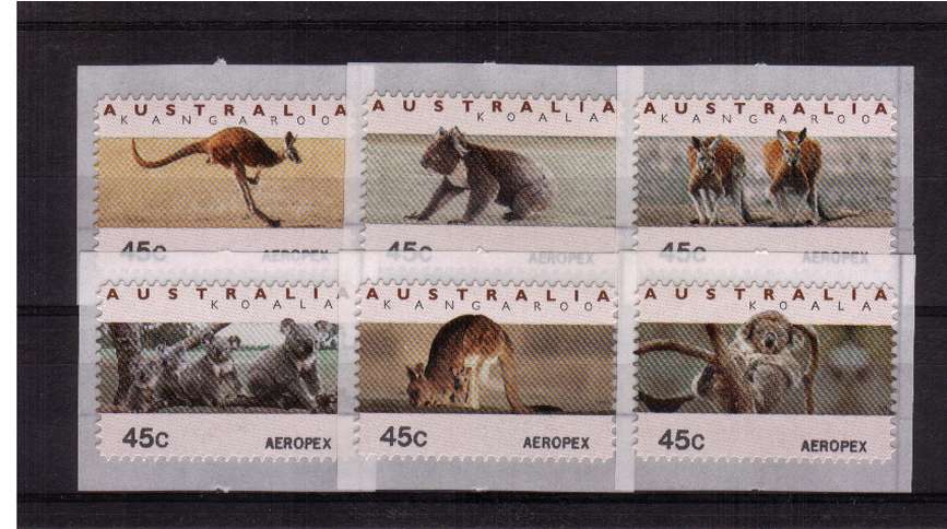 COUNTER PRINTED STAMPS<br/>
Koalas & Kangaroos <br/>Complete set of six self adhesive bearing AEROPEX imprint on SE corner  <br/>Issue Date: 18 NOVEMBER 1994
