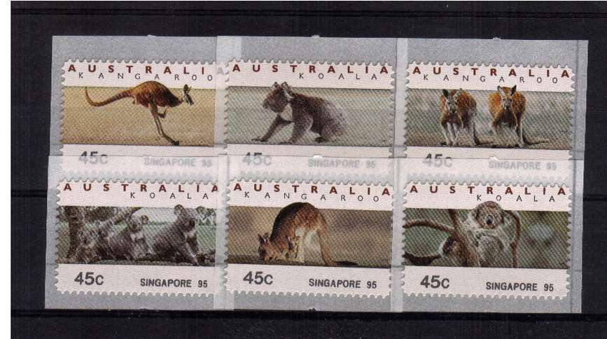 COUNTER PRINTED STAMPS<br/>
Koalas & Kangaroos <br/>Complete set of six self adhesive bearing SINGAPORE 95 imprint on SE corner  <br/>Issue Date: 1 SEPTEMBER 1995