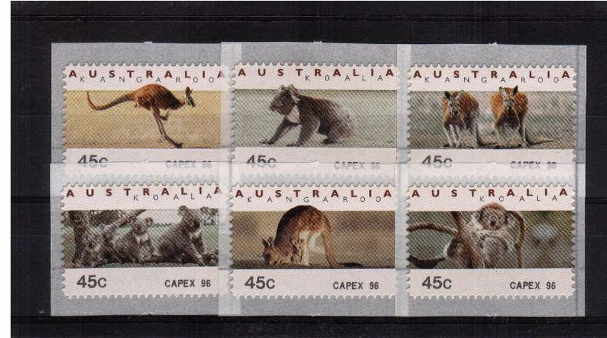 COUNTER PRINTED STAMPS<br/>
Koalas & Kangaroos <br/>Complete set of six self adhesive bearing imprint on SE corner for CAPEX 96<br/>Issue Date: 8 JUNE 1996