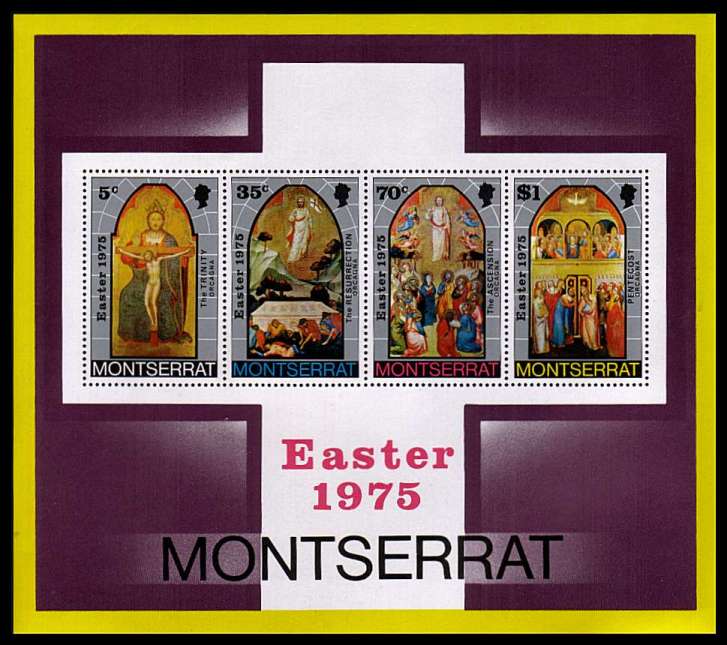 Easter minisheet superb unmounted mint with OVERPRINT OMITTED. The overprint blocked out the inscription reading EASTER 1976.<br/>A rare sheet.