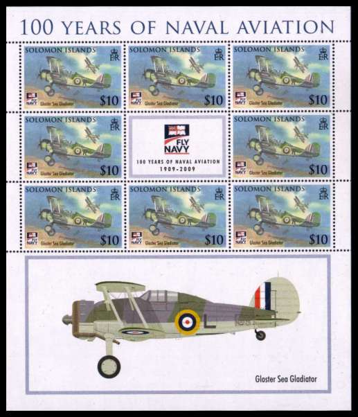 Naval Aviation Centenary - Airplanes set of four in sheetlets of eight<br/>with central label and large label at foot.